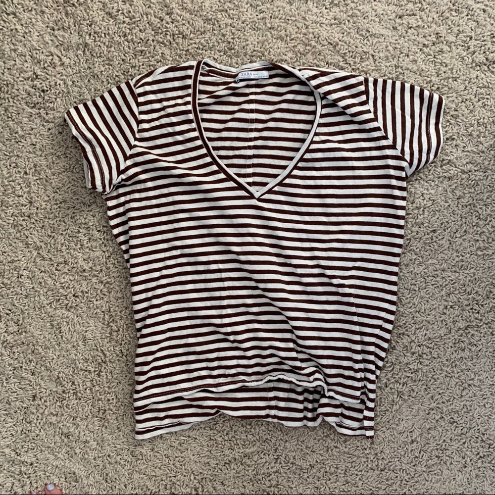 ZARA Striped Brown Vneck Tee